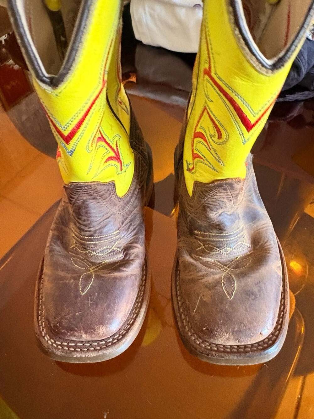 Old West Youth Lime Green/yellow and Brown Square Toe Western Boots